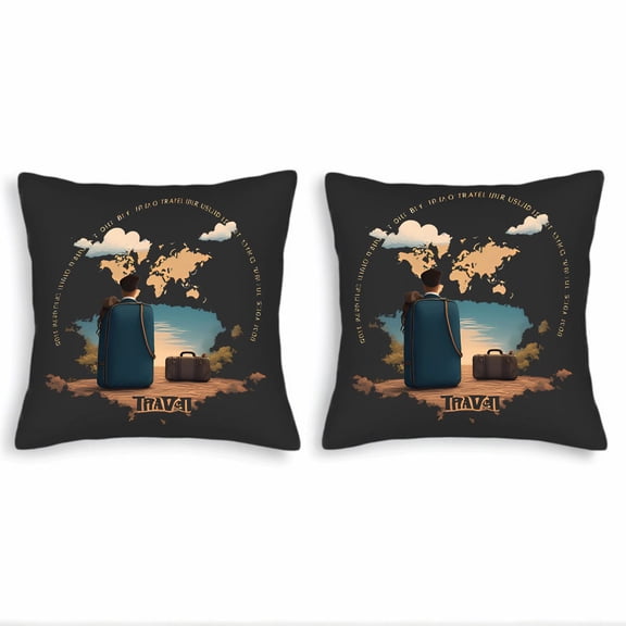 Set of 2 Square Throw Pillow Covers 18x18in - Travel-Themed Design with World Map & Suitcases Perfect for Couch Bed or Car Decor