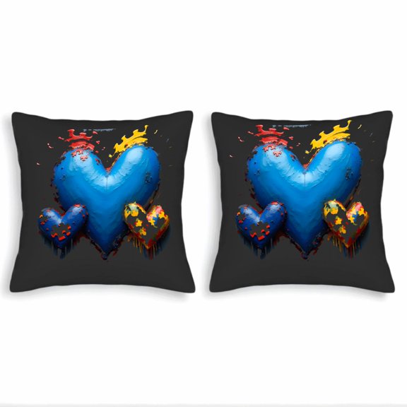 Set of 2 Square Throw Pillow Covers 18x18in - Vibrant Abstract Heart Design in Blue Red Yellow & Black for Couch Bed Car