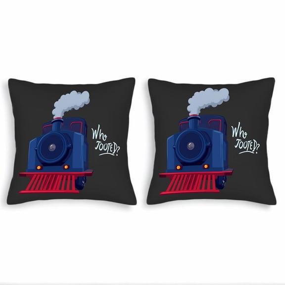 Set of 2 Square Throw Pillow Covers 18x18in - Vibrant Cartoon Train Design with Blue Body & Red Accents Perfect for Couch Bed Car