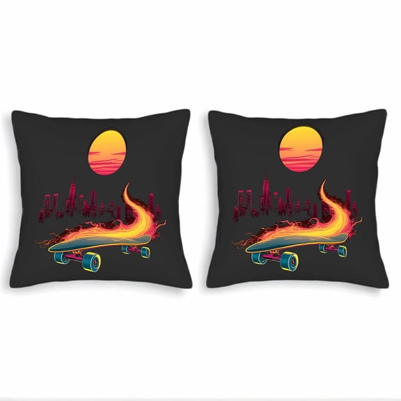 Set of 2 Square Throw Pillow Covers 18x18in - Vibrant Flame Design for Couch Bed Car - Energetic Sunset City Skyline Pattern