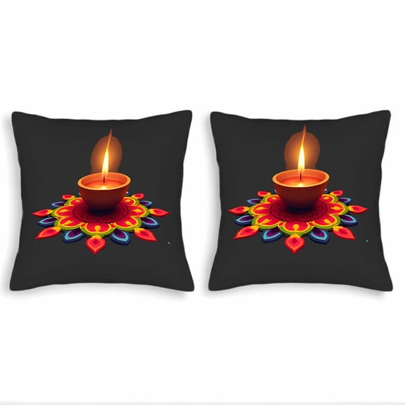 Set of 2 Square Throw Pillow Covers 18x18in - Vibrant Floral Rangoli Design Perfect for Couch Bed or Car Decor