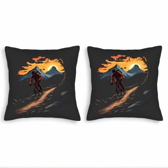 Set of 2 Square Throw Pillow Covers 18x18in - Vibrant Mountain Biker Design with Sunset Hues Perfect for Couch Bed or Car Decor