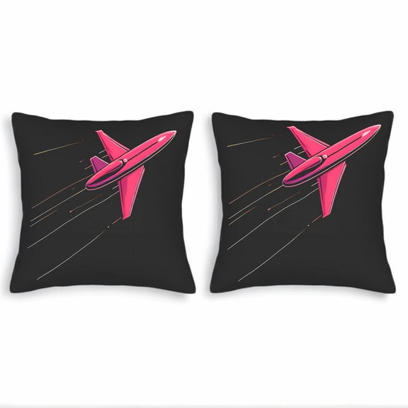 Set of 2 Square Throw Pillow Covers 18x18in - Vibrant Pink Airplane Design with Orange and White Streaks Perfect for Couch Bed Car