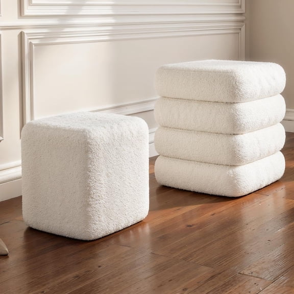 Set of 2 Square White Sherpa Nesting Storage Ottoman Stools with Removable Lid, 440 lb Capacity