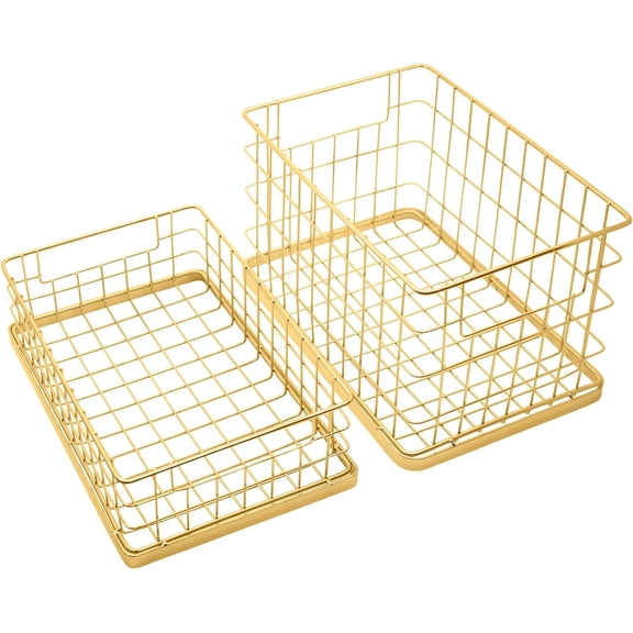 Set of 2 Stackable 10" Metal Wire Storage Basket Bins With Handles (Gold Wide Mesh Base)