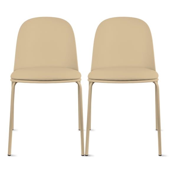 Set of 2 Stackable Dining Kitchen Chairs Plastic Armless Side with Back Curved Round Shape Chrome Metal Legs Indoor Outdoor Patio, Beige