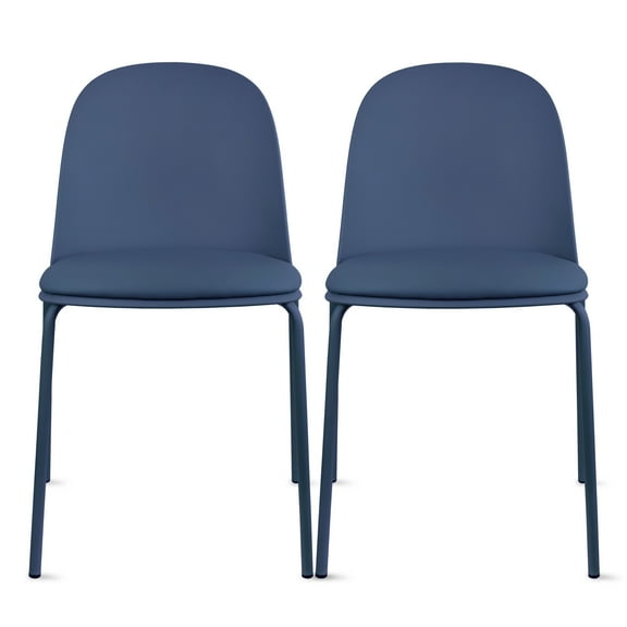 Set of 2 Stackable Dining Kitchen Chairs Plastic Armless Side with Back Curved Round Shape Chrome Metal Legs Indoor Outdoor Patio, Blue