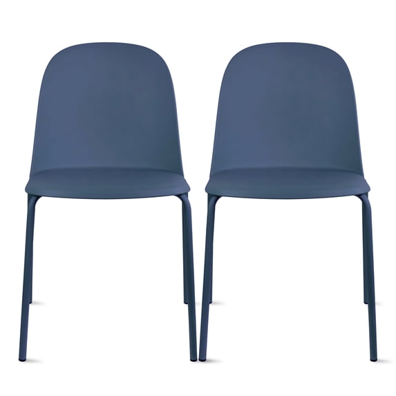 Set of 2 Stackable Dining Kitchen Chairs Plastic Armless Side with Back Curved Round Shape Chrome Metal Legs Indoor Outdoor Patio Blue