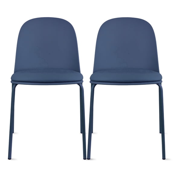 Set of 2 Stackable Dining Chairs, Blue Plastic Curved Back, Padded Faux Leather Seat, Chrome Metal Legs, Armless Side Chairs for Kitchen, Dining Room, Patio, Restaurant, Indoor/Outdoor Use, Blue