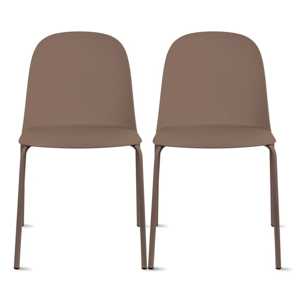 Set of 2 Stackable Dining Kitchen Chairs Plastic Armless Side with Back Curved Round Shape Chrome Metal Legs Indoor Outdoor Patio Brown
