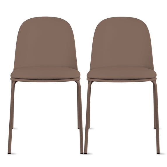 Set of 2 Stackable Dining Chairs, Blue Plastic Curved Back, Padded Faux Leather Seat, Chrome Metal Legs, Armless Side Chairs for Kitchen, Dining Room, Patio, Restaurant, Indoor/Outdoor Use, Brown