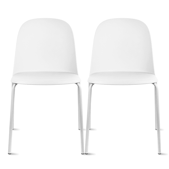 Set of 2 Stackable Dining Kitchen Chairs Plastic Armless Side with Back Curved Round Shape Chrome Metal Legs Indoor Outdoor Patio White