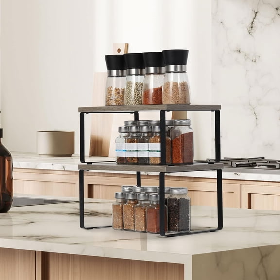 Set of 2 Stackable Kitchen Shelves, Expandable Gray Wood & Metal Cabinet Organizer for Countertop, Pantry, Bathroom