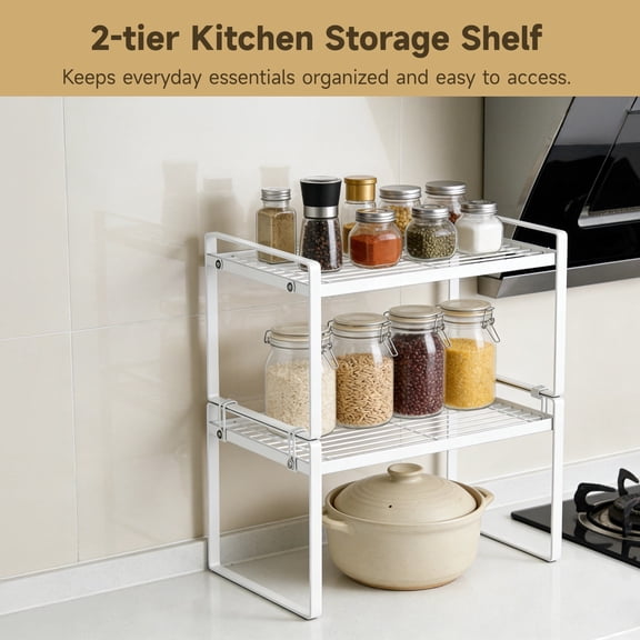 Stackable Metal Kitchen Storage Shelf, 2-tier Cabinet Shelf Organizer, Small Desk Storage Rack with Handle, White Carbon Steel Countertop Rack for Pantry, Under Sink