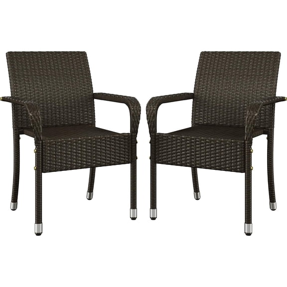 Set of 2 Stackable Outdoor Rattan Dining Chairs with Armrests, Steel Frame, Brown
