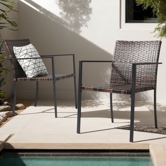 Set of 2 Stackable Outdoor Wicker Dining Chairs with Armrests, Steel Frame, Brown