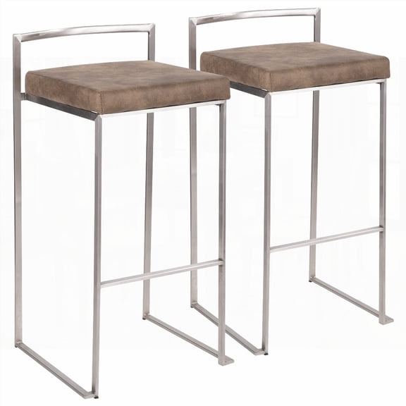 Set of 2 Stainless Steel Barstools with Brown Cowboy Fabric Cushion - Contemporary Stackable