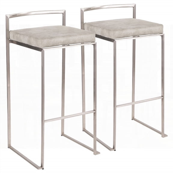 Set of 2 Stainless Steel Barstools with Light Grey Cowboy Fabric Cushion - Contemporary Stackable