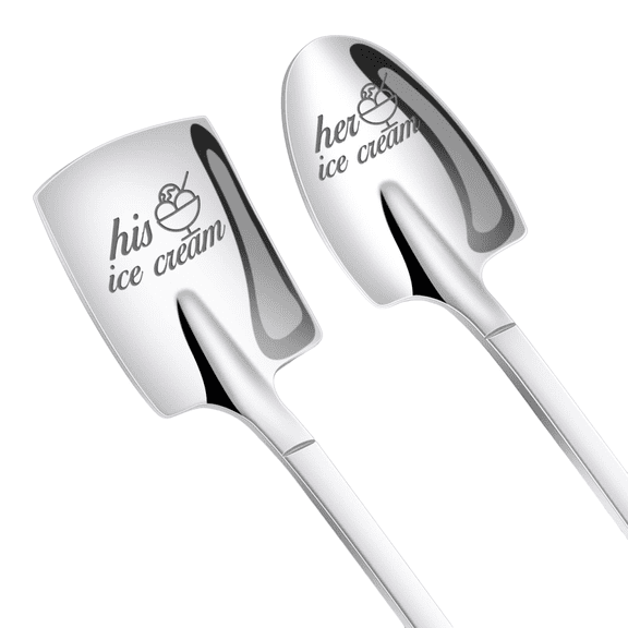 Set of 2 Stainless Steel Ice Cream Spoons Gift Box Engraved His Ice Cream Her Ice Cream Unique Dessert Utensils for Couples