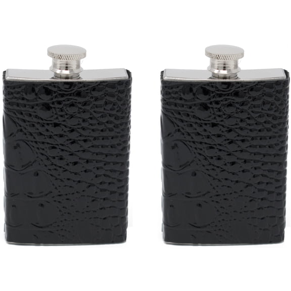 Set of 2 Stainless Steel Pocket Hip Flasks Wrapped in Faux Leather (Crocodile Black, 4 oz)