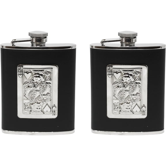 Set of 2 Stainless Steel Pocket Hip Flasks Wrapped in Faux Leather (King of Hearts, 6 oz)