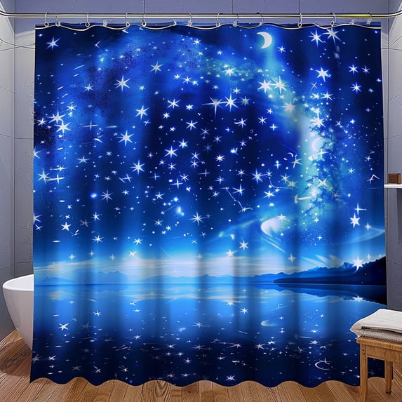 Set of 2 Starry Night Sky Bathroom Curtains Print Blue Night Light Design Perfect for Shower Decor
