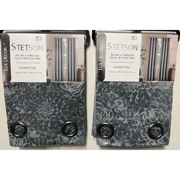 Set of 2 Stetson Botanical Embossed Velvet with Foil Print, Grommet Top Curtain Drapery Panels, 84 Long, Grey