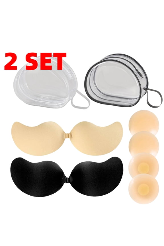 Set of 2, Sticky Bra with Nipple Covers and Storage Bag, Backless Strapless Bra Push Up, Adhesive Invisible Lift Up Bras, Beige & Black
