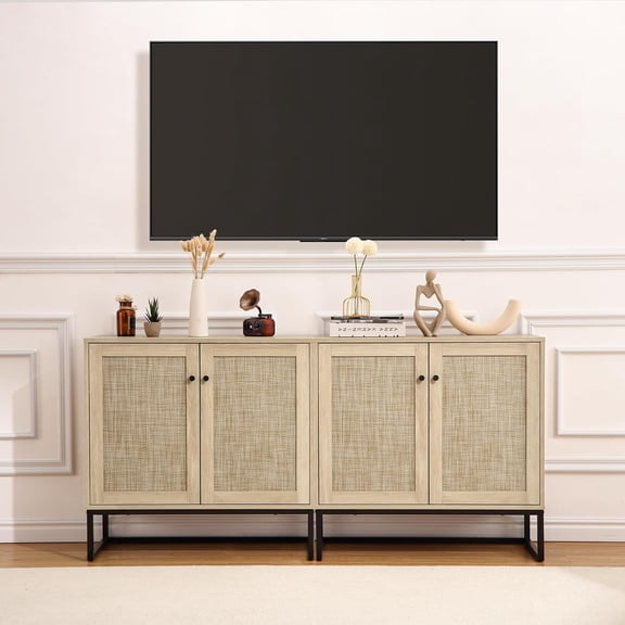 Set of 2 Storage Cabinet with Rattan Doors, Rattan Cabinet Sideboard Buffet Cabinet Console Table for Living Room, Entryway, Kitchen, Dining Room
