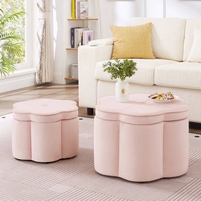 Set of 2 Storage Ottomans, Flower-Shaped Petal Ottoman, Upholstered Velvet Vanity Stool for Living Room & Bedroom, Pink