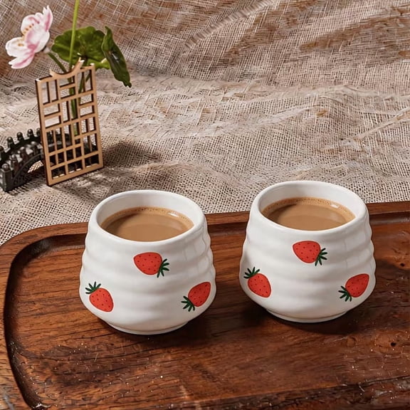 Set of 2 Strawberry Ceramic Coffee Mugs - 5.5Oz Textured Ripple Tea Cups for Home Office Kitchen Decor