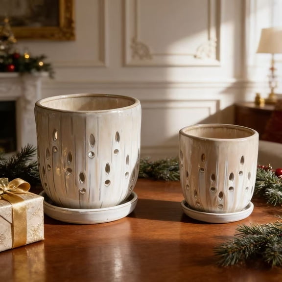 Set of 2 Striped Ceramic Flowerpot with Drainage Hole, 8" Modern Planter for Patio, Garden, Windowsill - Brown