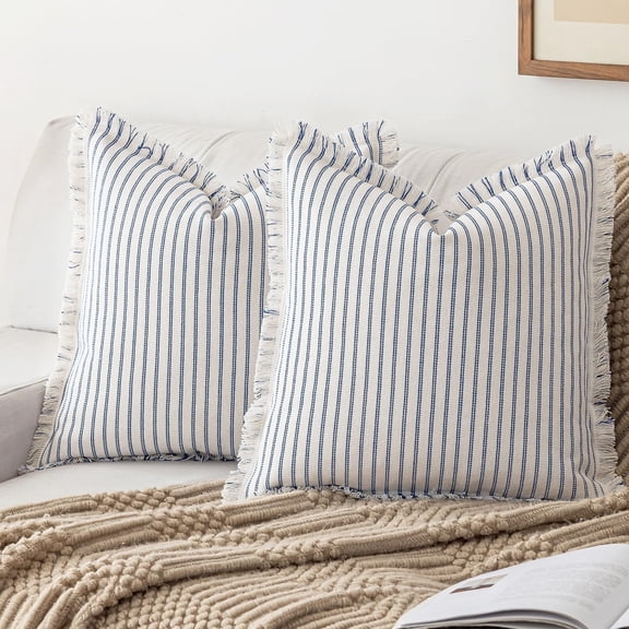 Set of 2 Striped Farmhouse Throw Pillow Covers, Modern Neutral Square Cushion Pillowcase for Sofa Couch Bed, 18x18 inch, Blue