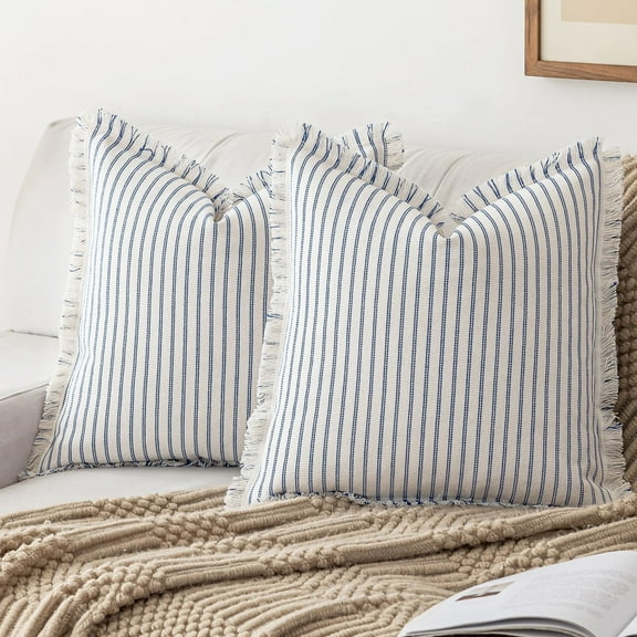 Set of 2 Striped Farmhouse Throw Pillow Covers, Modern Neutral Square Cushion Pillowcase for Sofa Couch Bed, 18x18 inch, Blue