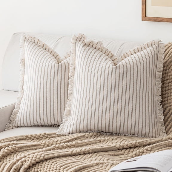 Set of 2 Striped Farmhouse Throw Pillow Covers, Modern Neutral Square Cushion Pillowcase for Sofa Couch Bed, 18x18 inch, Brown