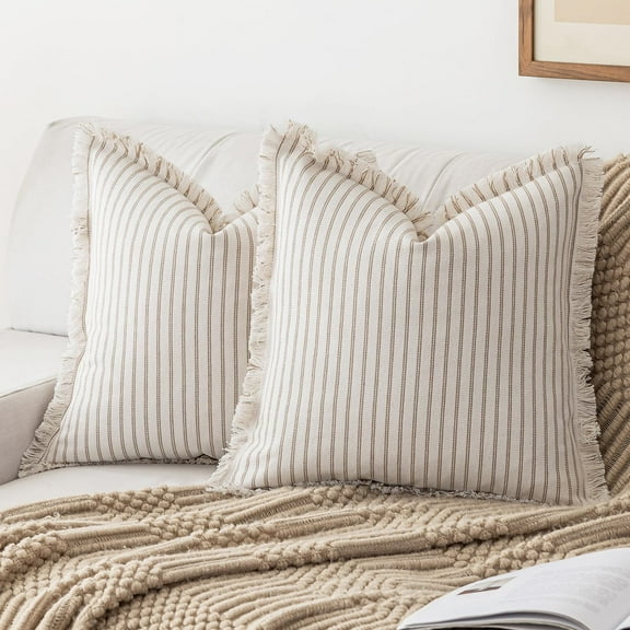 Set of 2 Striped Farmhouse Throw Pillow Covers, Modern Neutral Square Cushion Pillowcase for Sofa Couch Bed, 18x18 inch, Brown