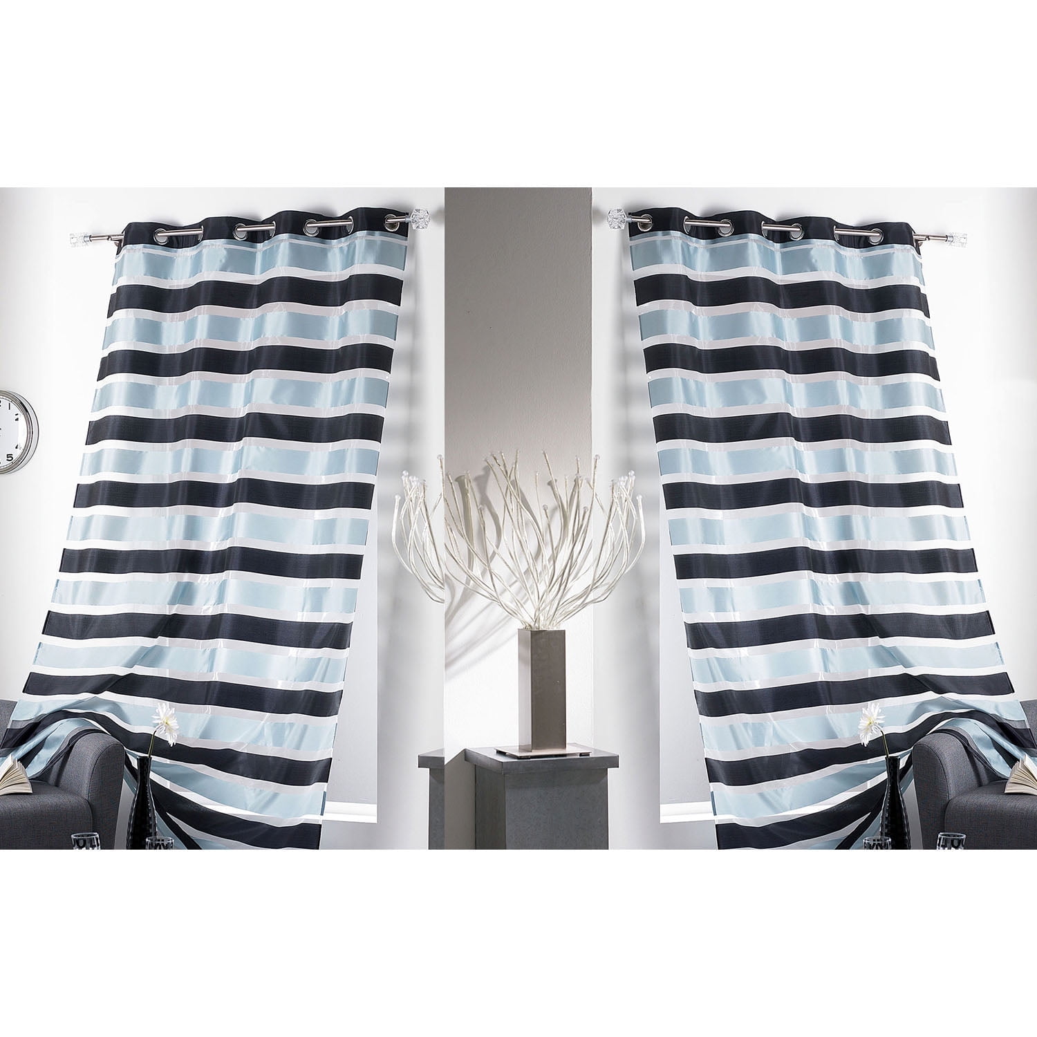 Black and Blue Gray Striped Polyester Sheer Grommet Curtain Panels, 95 x 55 Inches