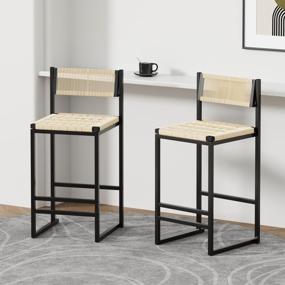 Set of 2 Style B Woven Bar Stools - Black & Creamy White Paper Rope, Backrest for Kitchen Island
