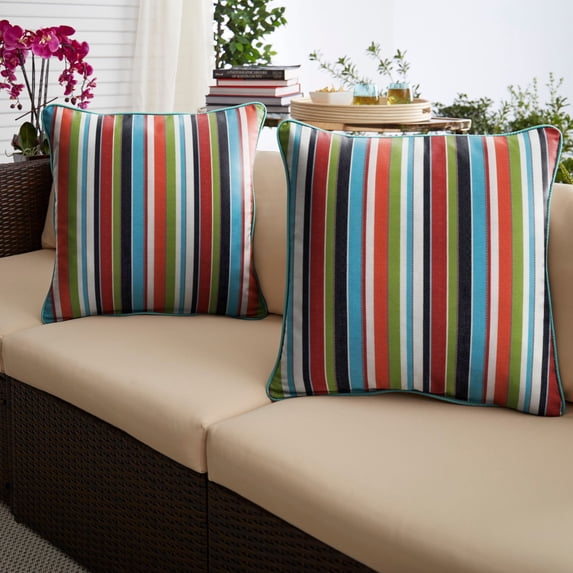 Set of 2 Sunbrella Blue and Green Carousel Confetti and Canvas Aruba Outdoor Decorative Square Pillows, 18"