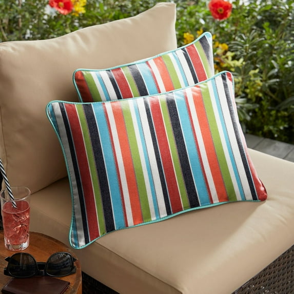 Set of 2 Sunbrella Blue and Green Carousel Confetti and Canvas Aruba Outdoor Lumbar Pillow, 20"