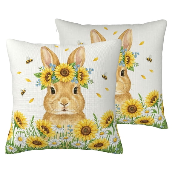 Set of 2 Sunflower Bunny Throw Pillow Covers, Watercolor Rabbit and Sunflower Easter Decorative Faux Linen Pillowcases for Farmhouse Home Decor 16x16