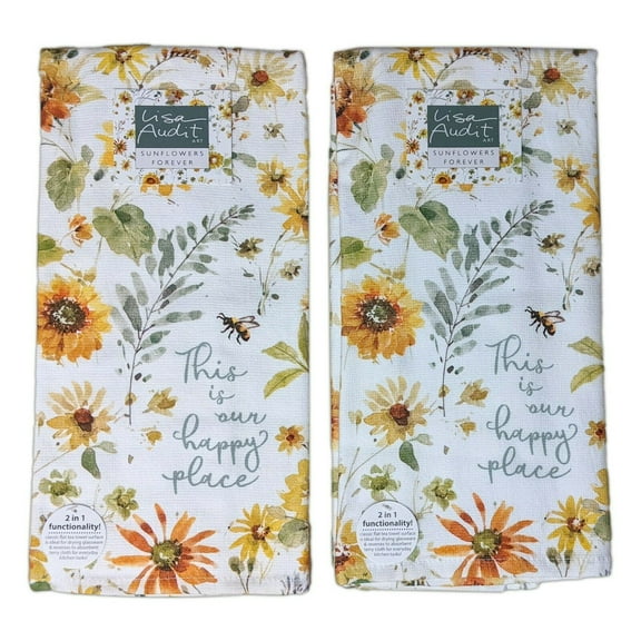 Set of 2 Sunflowers OUR HAPPY PLACE Terry Kitchen Towels by Kay Dee Designs