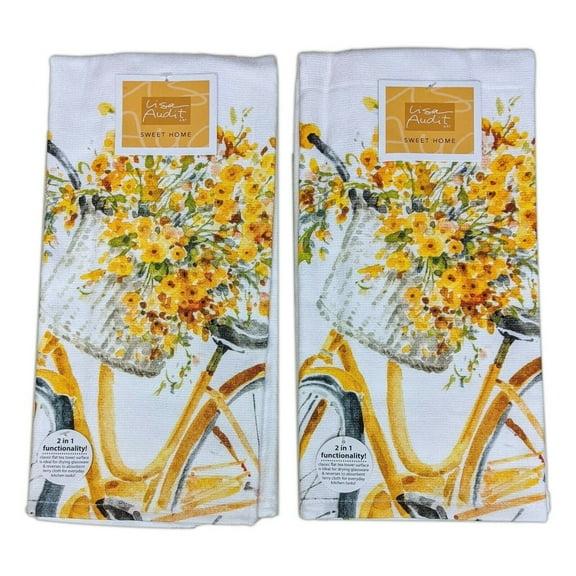Set of 2 Sweet Home YELLOW BIKE Floral Terry Kitchen Towels by Kay Dee Designs