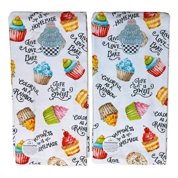 Set of 2 Sweet Little Pleasures CUPCAKE TOSS Terry Kitchen Towels, by Kay Dee