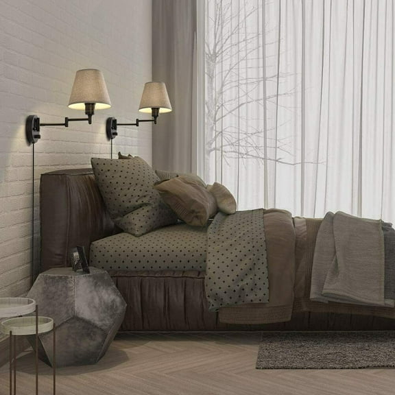 Set of 2 Swing Arm Wall Lamps- Dimmble Plug in Wall Sconces with Grey Shade