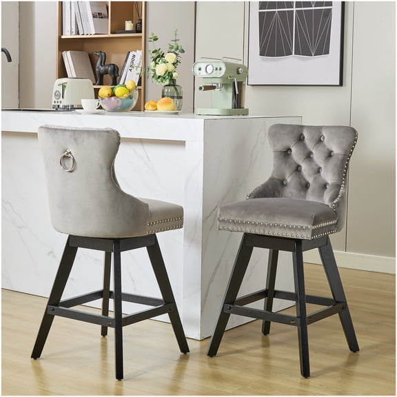 Set of 2 Swivel Bar Chairs with Velvet Upholstery and Wood Legs, 360 Spin Stools for Kitchen Counter