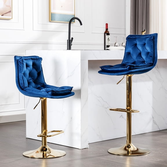 Set of 2 Swivel Bar Stools with Blue Velvet / Chrome Base, Height Adjustment for Use