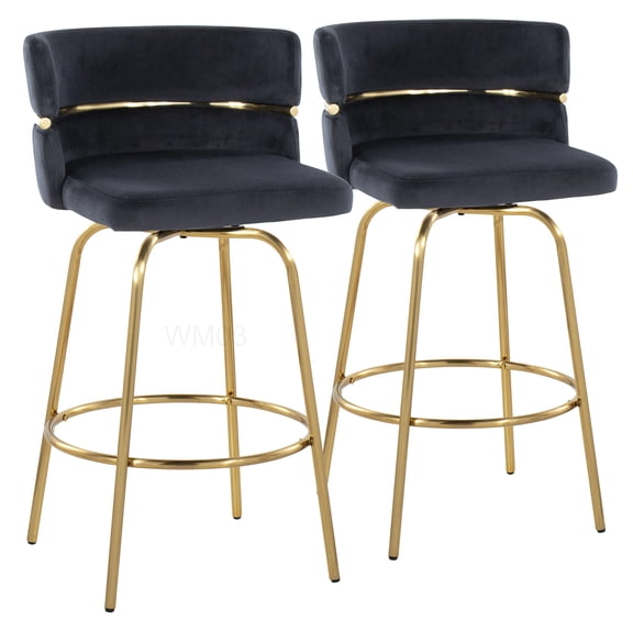 Set of 2 Swivel Counter Stools 26 inch Height, Black Velvet Seat Gold Metal Legs with Footrest, Art Deco Bar Stools for Kitchen Island