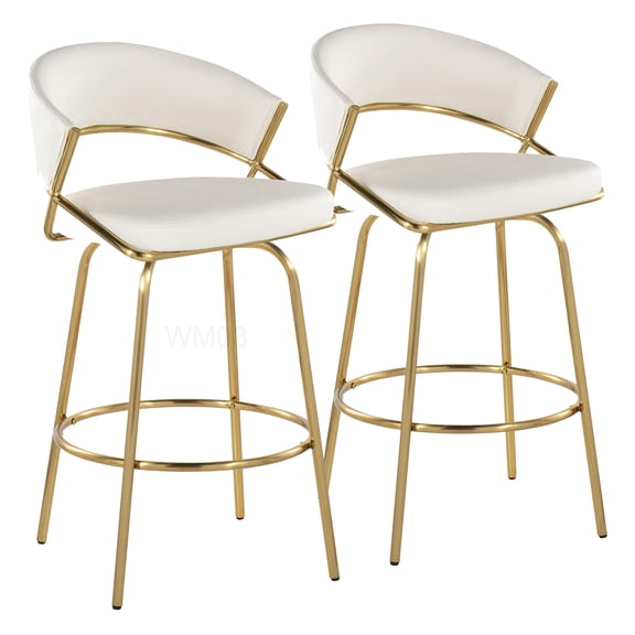 Set of 2 Swivel Counter Stools, White Faux Leather and Gold Metal Bar Stools with Foot Ring