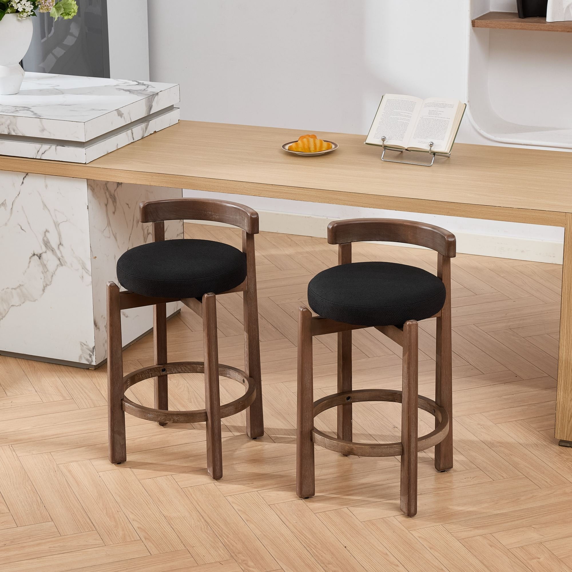 Set of 2 Swivel Counter Stools with Solid Wood Frame and Linen Upholstery, 26-Inch Bar Stools with Back and Footrest for Kitchen Island, Black